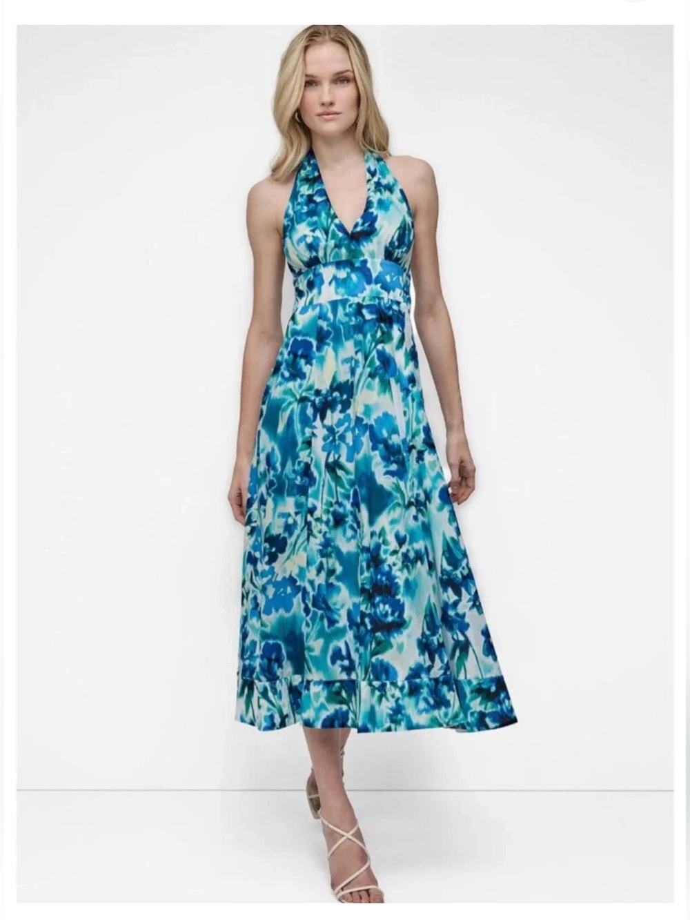 DKNY Blue & Green Floral Halter Maxi Dress Size 6 MSRP $149